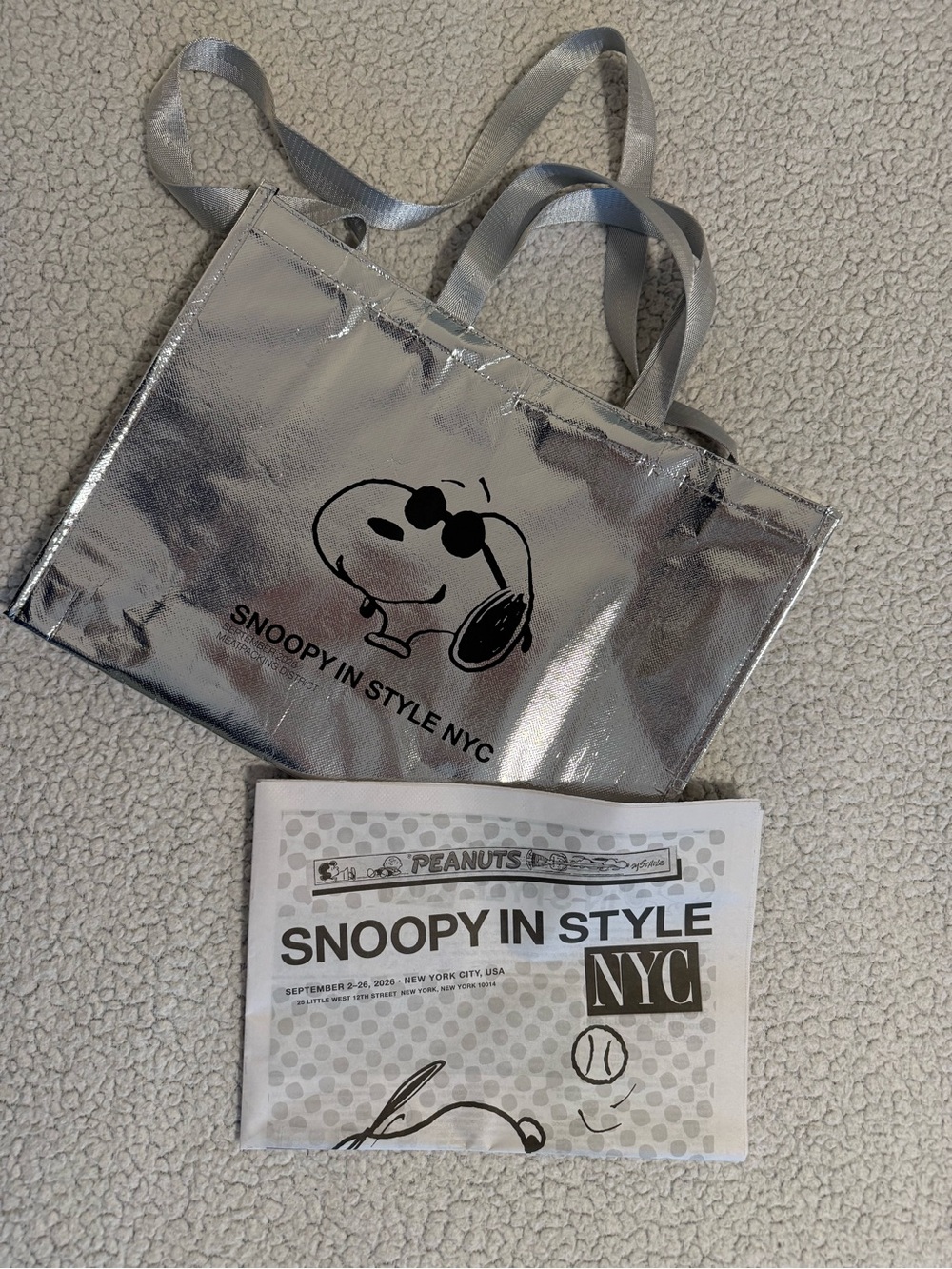 Peanuts “Snoopy in Style NYC” Silver Tote Bag and Newspaper